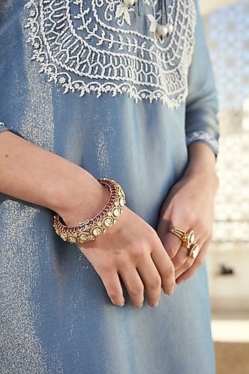 Gold Plated Kundan Polki & Ruby Stone Kada In Sterling Silver