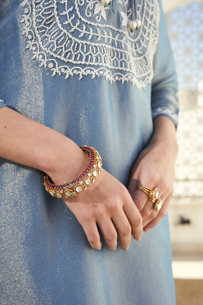 Gold Plated Kundan Polki & Ruby Stone Kada In Sterling Silver
