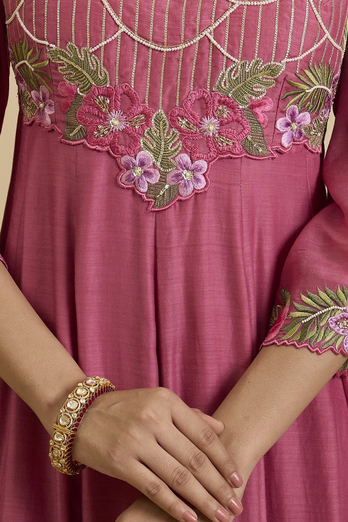 Gold Plated Kundan Polki & Ruby Stone Kada In Sterling Silver