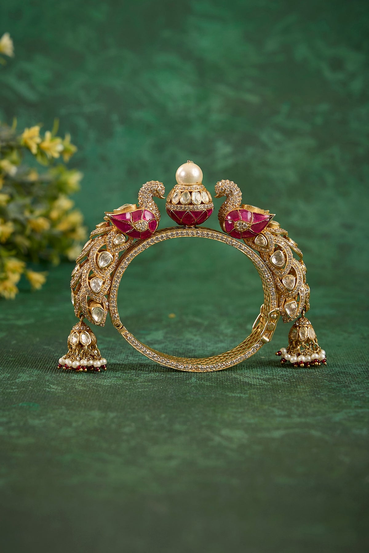 Gold Plated Kundan Polki & Ruby Stone Kada In Sterling Silver