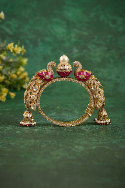 Gold Plated Kundan Polki & Ruby Stone Kada In Sterling Silver
