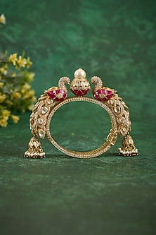 Gold Plated Kundan Polki & Ruby Stone Kada In Sterling Silver