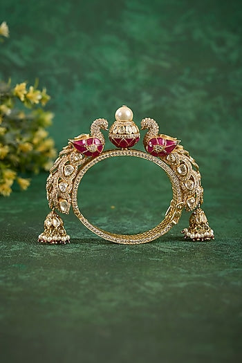 Gold Plated Kundan Polki & Ruby Stone Kada In Sterling Silver
