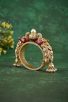Gold Plated Kundan Polki & Ruby Stone Kada In Sterling Silver