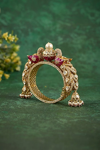 Gold Plated Kundan Polki & Ruby Stone Kada In Sterling Silver