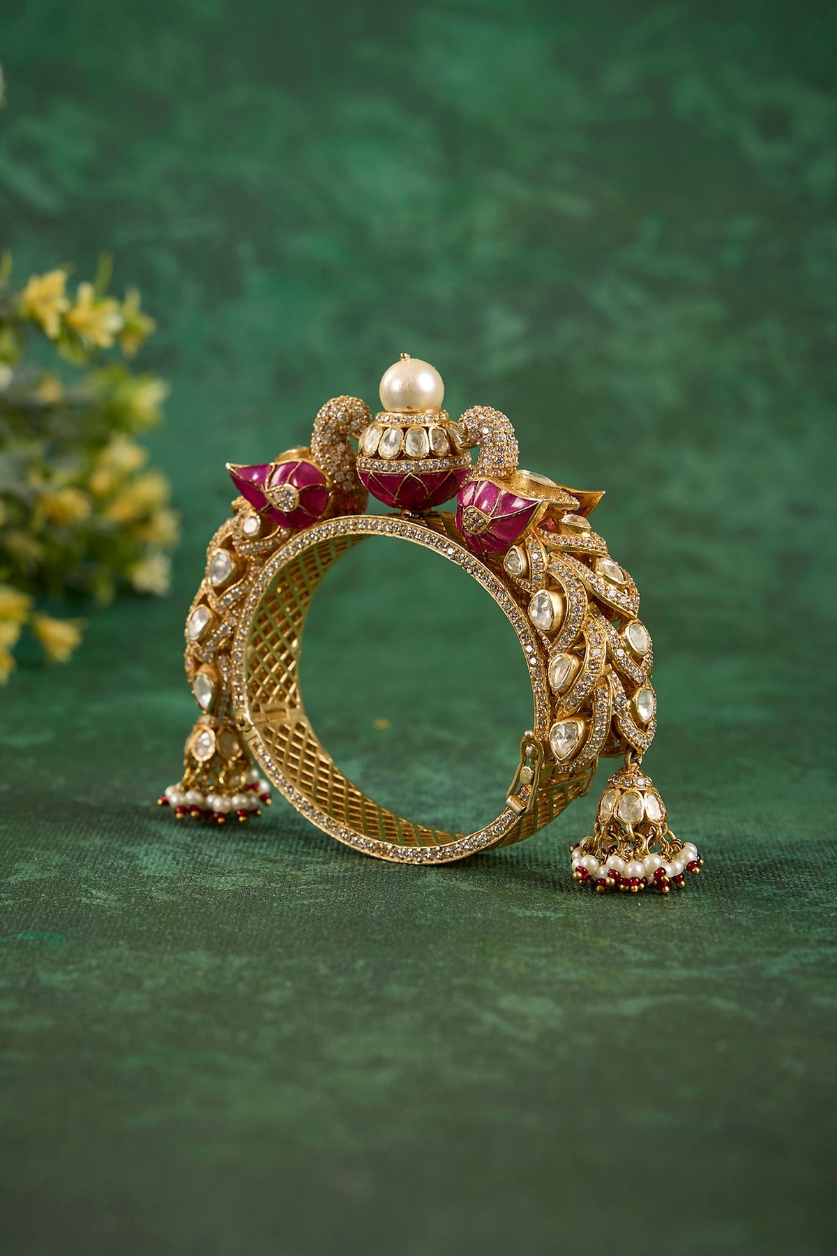 Gold Plated Kundan Polki & Ruby Stone Kada In Sterling Silver