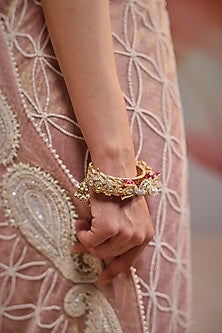 Gold Plated Kundan Polki & Ruby Stone Kada In Sterling Silver