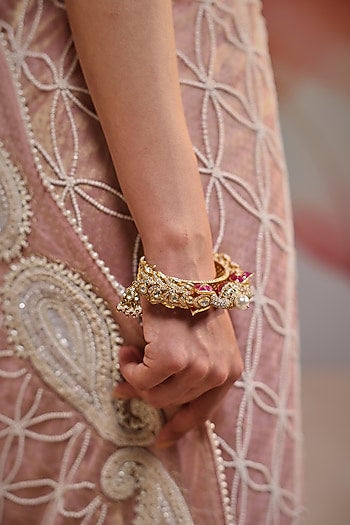 Gold Plated Kundan Polki & Ruby Stone Kada In Sterling Silver