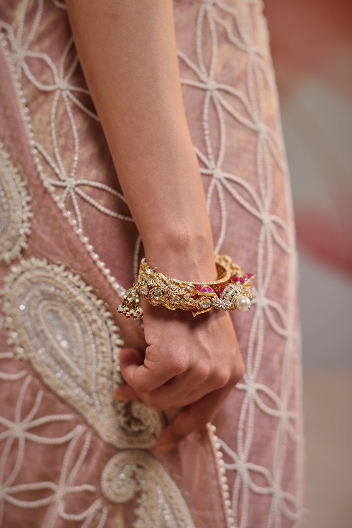 Gold Plated Kundan Polki & Ruby Stone Kada In Sterling Silver