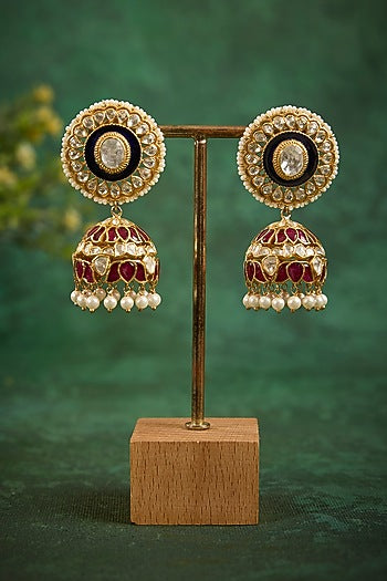 Gold Plated Kundan Polki Enameled Jhumka Earrings In Sterling Silver