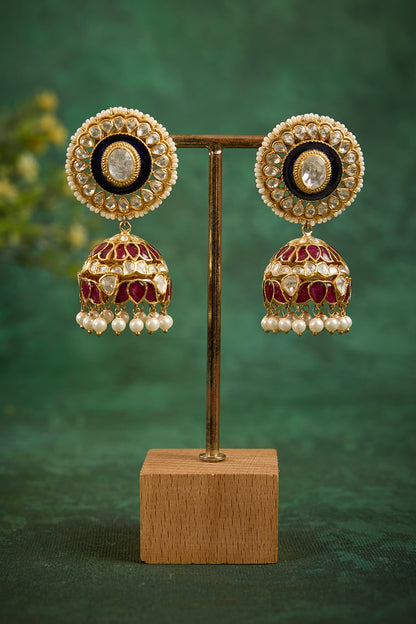 Gold Plated Kundan Polki Enameled Jhumka Earrings In Sterling Silver