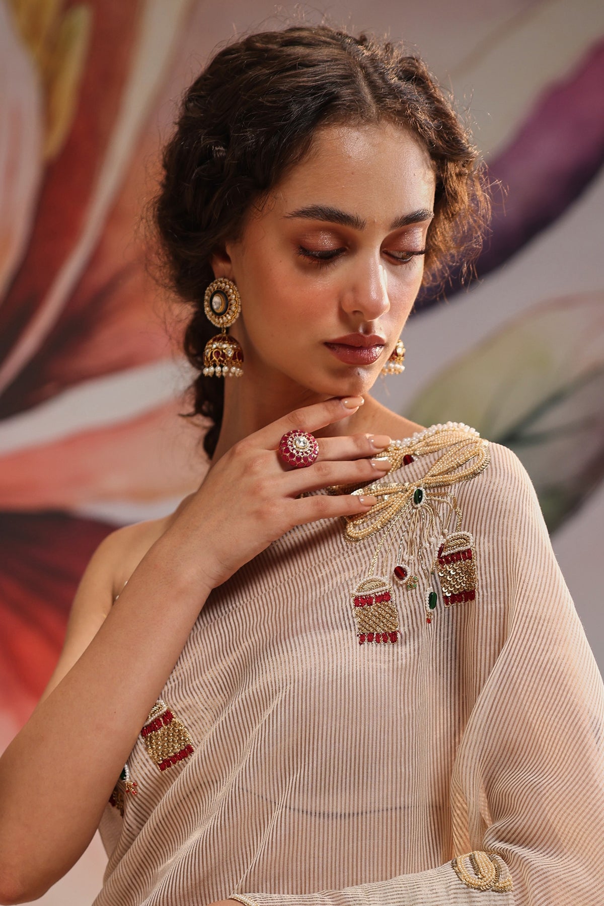 Gold Plated Kundan Polki & Ruby Stone Ring In Sterling Silver