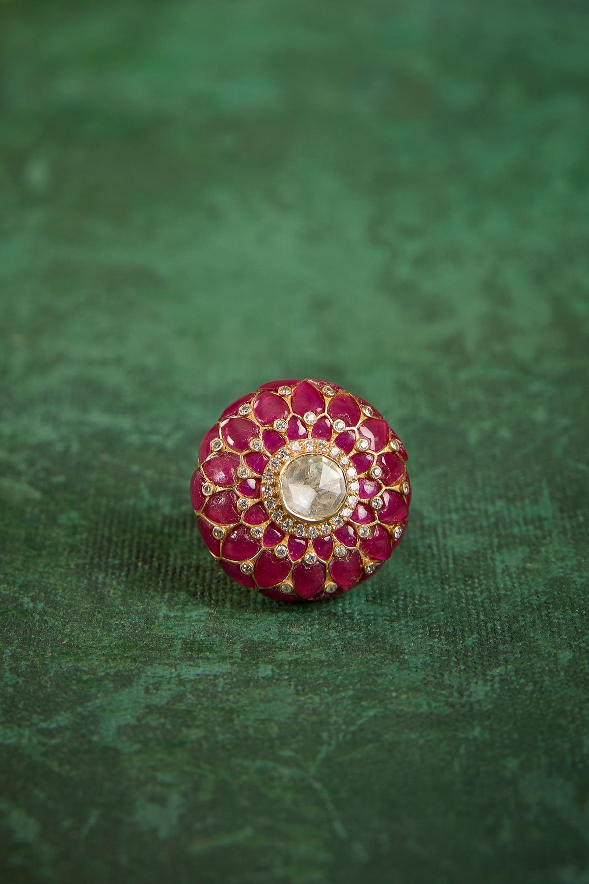 Gold Plated Kundan Polki & Ruby Stone Ring In Sterling Silver