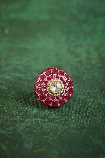 Gold Plated Kundan Polki & Ruby Stone Ring In Sterling Silver