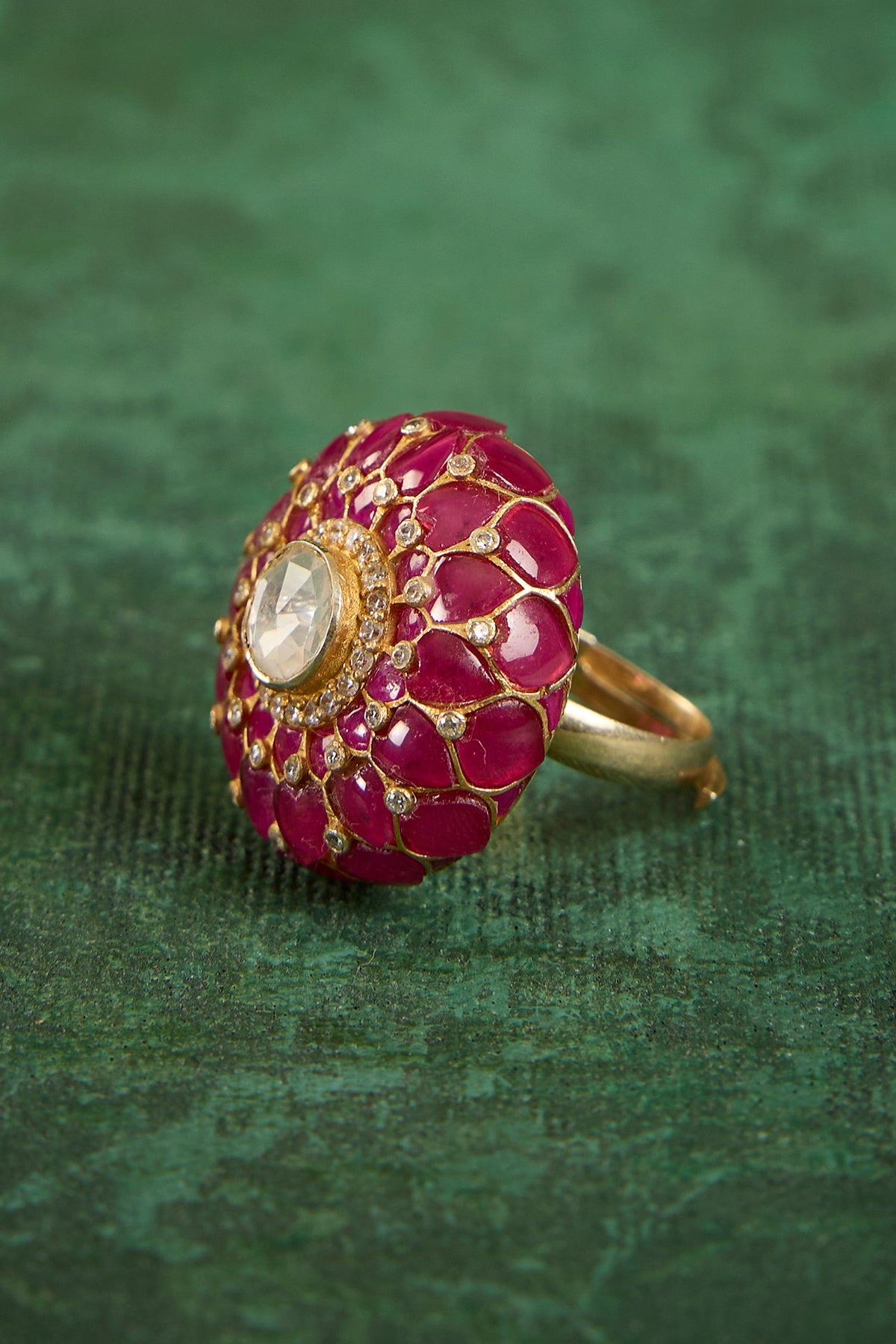 Gold Plated Kundan Polki & Ruby Stone Ring In Sterling Silver