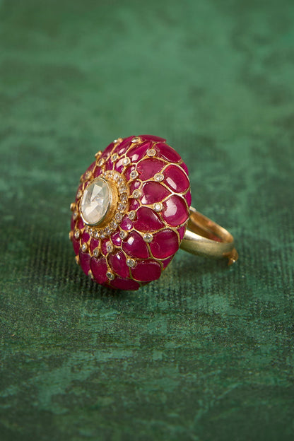Gold Plated Kundan Polki & Ruby Stone Ring In Sterling Silver