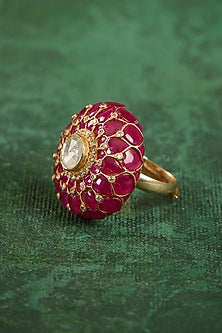 Gold Plated Kundan Polki & Ruby Stone Ring In Sterling Silver
