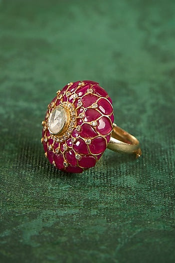 Gold Plated Kundan Polki & Ruby Stone Ring In Sterling Silver