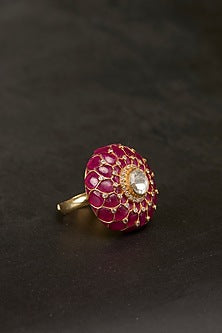 Gold Plated Kundan Polki & Ruby Stone Ring In Sterling Silver