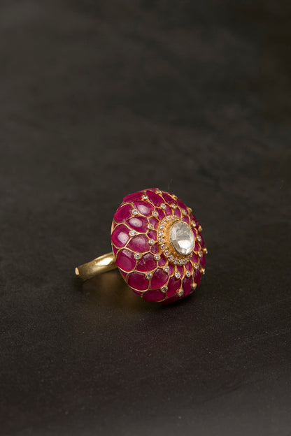 Gold Plated Kundan Polki & Ruby Stone Ring In Sterling Silver