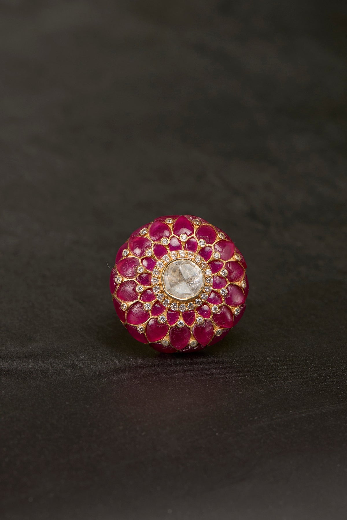 Gold Plated Kundan Polki & Ruby Stone Ring In Sterling Silver