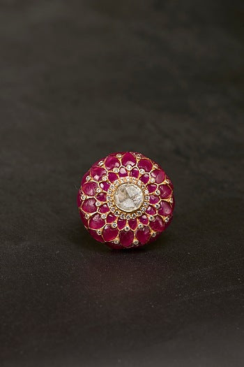 Gold Plated Kundan Polki & Ruby Stone Ring In Sterling Silver