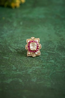 Gold Plated Kundan Polki & Ruby Stone Ring In Sterling Silver