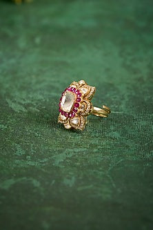 Gold Plated Kundan Polki & Ruby Stone Ring In Sterling Silver