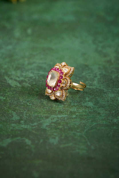 Gold Plated Kundan Polki & Ruby Stone Ring In Sterling Silver