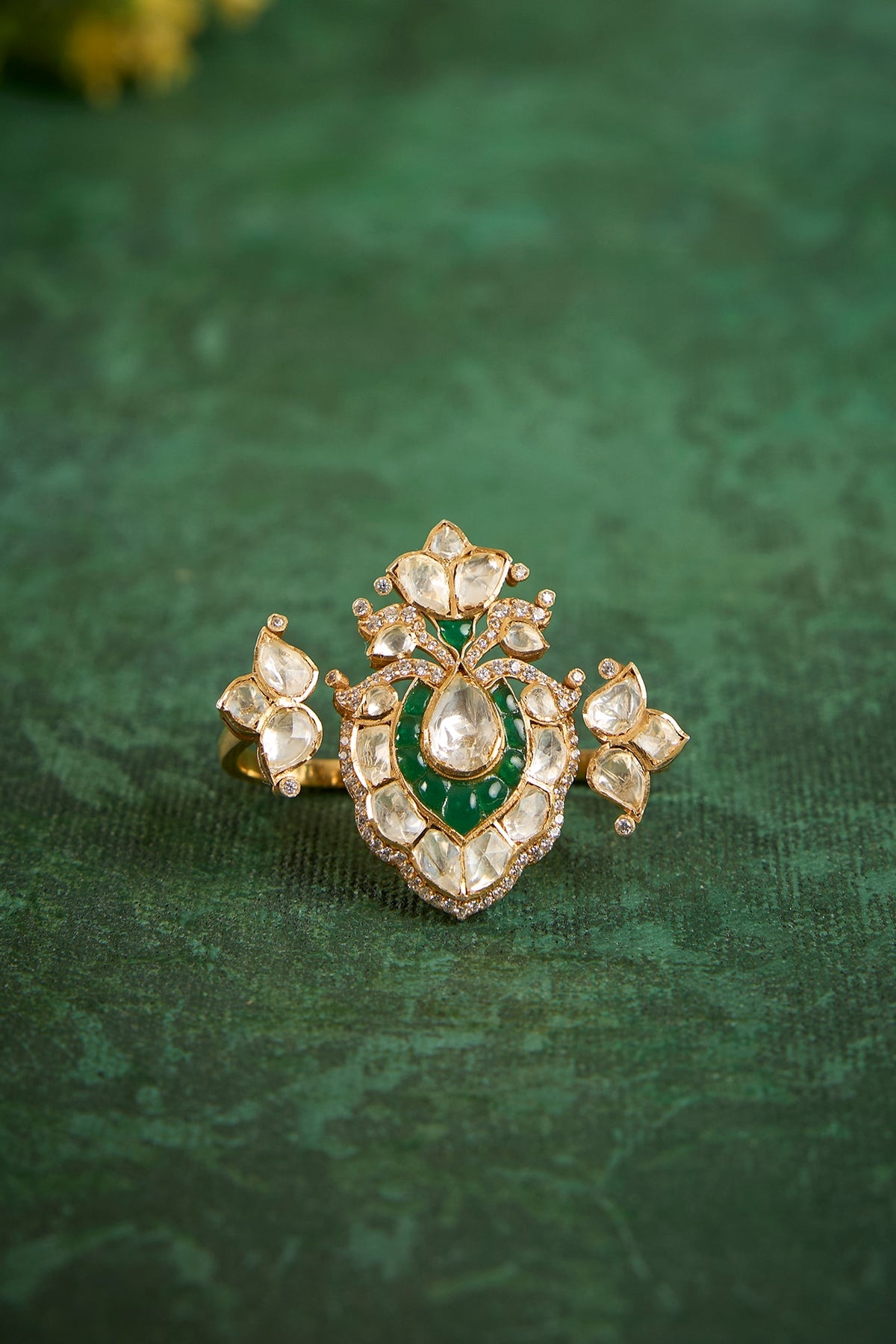 Gold Plated Kundan Polki & Emerald Stone Ring In Sterling Silver