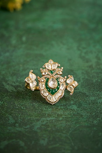 Gold Plated Kundan Polki & Emerald Stone Ring In Sterling Silver