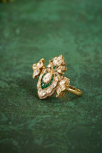 Gold Plated Kundan Polki & Emerald Stone Ring In Sterling Silver