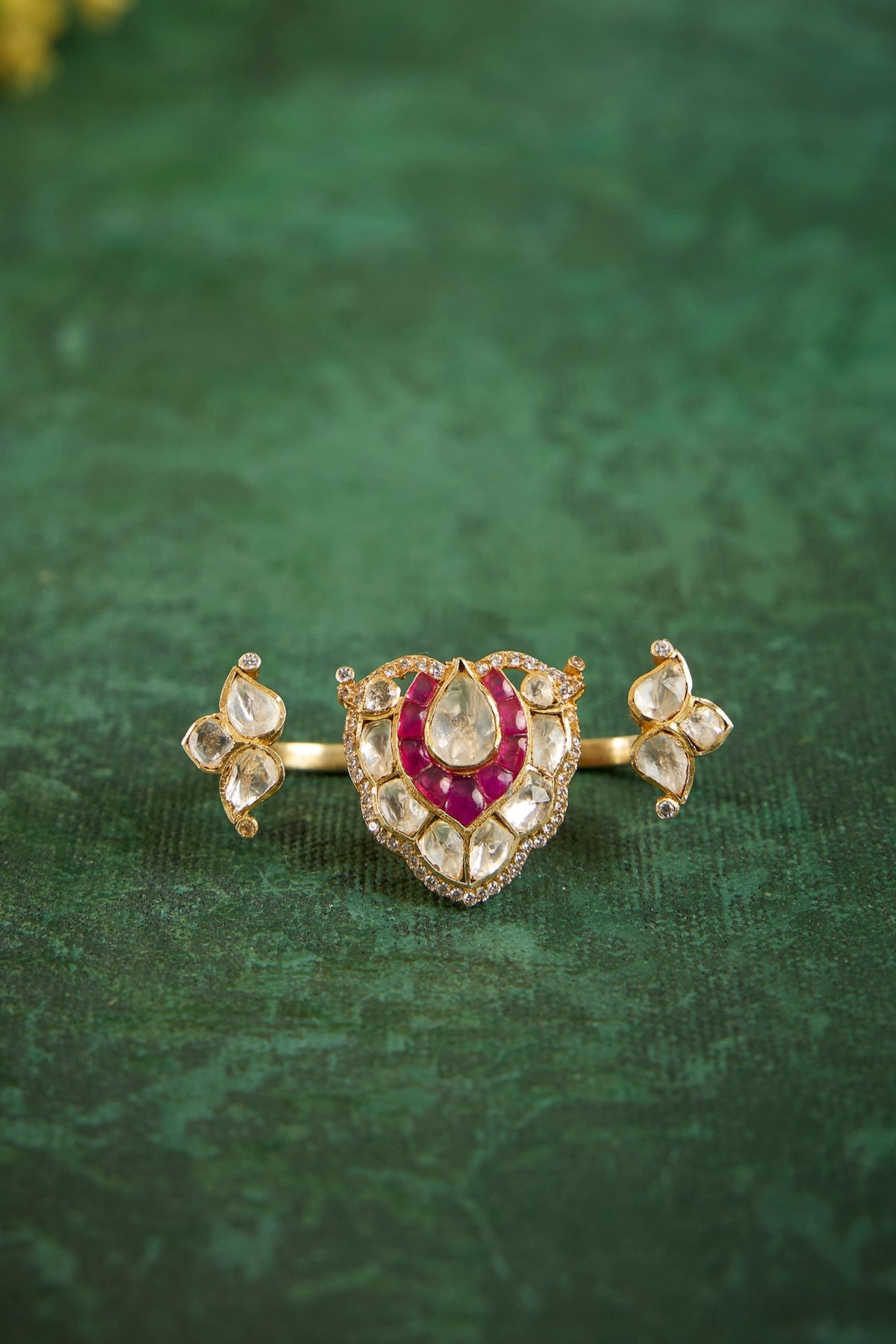 Gold Plated Kundan Polki & Ruby Stone Ring In Sterling Silver