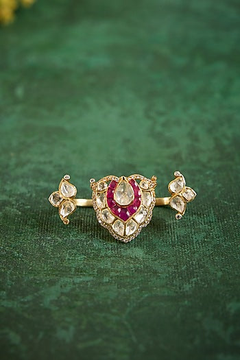 Gold Plated Kundan Polki & Ruby Stone Ring In Sterling Silver