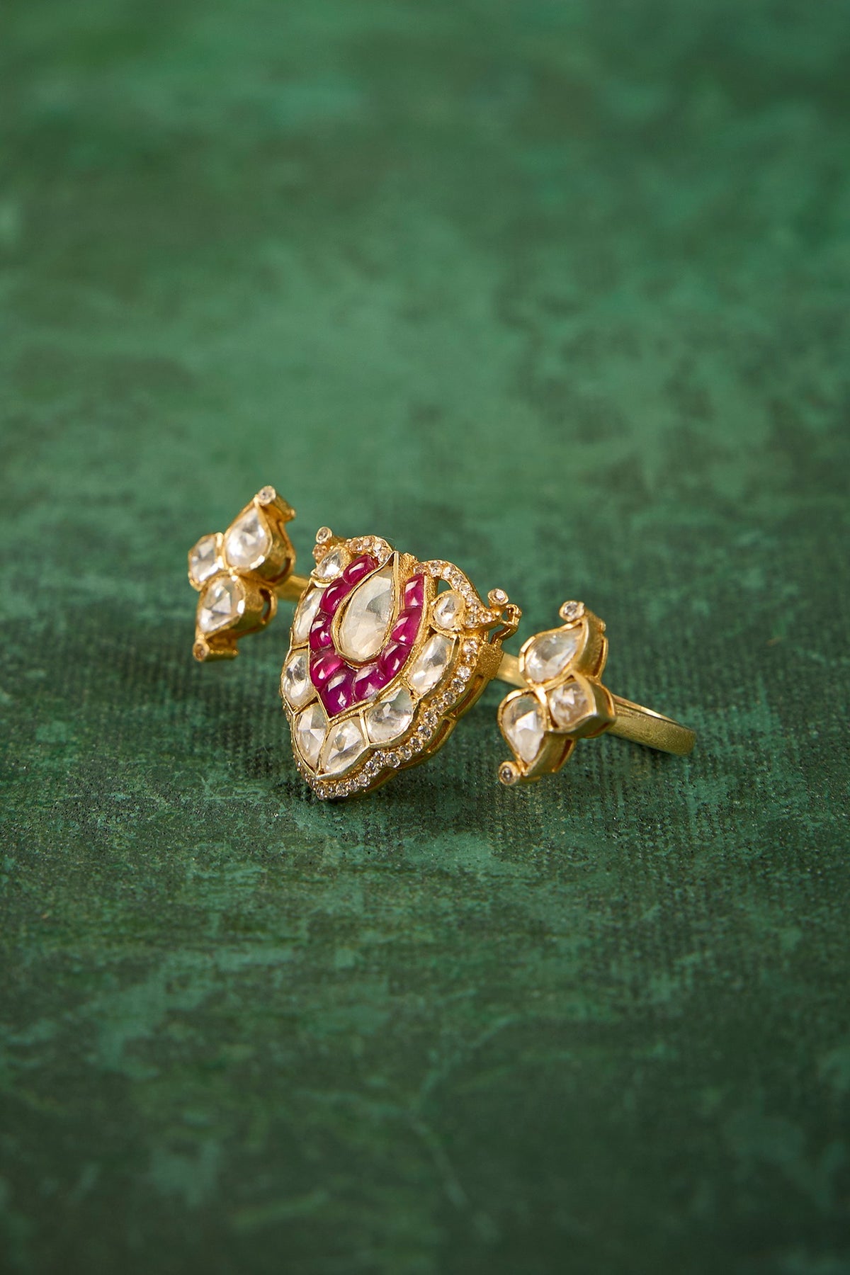 Gold Plated Kundan Polki & Ruby Stone Ring In Sterling Silver