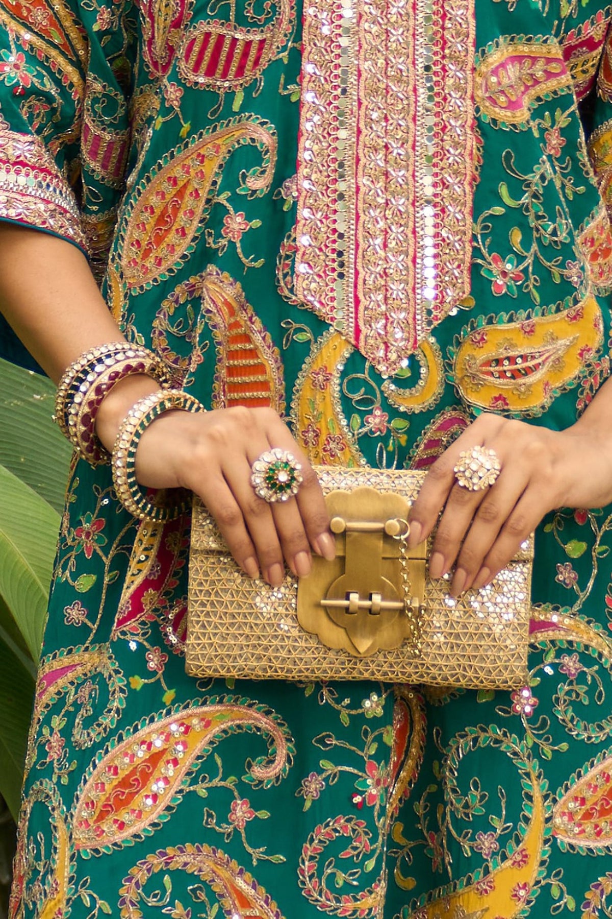 Gold Plated Kundan Polki & Emerald Stone Ring In Sterling Silver