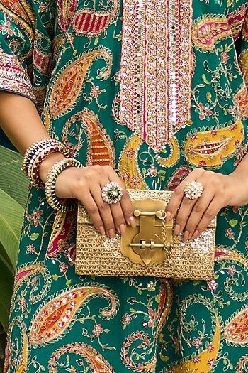 Gold Plated Kundan Polki & Emerald Stone Ring In Sterling Silver