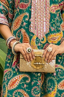 Gold Plated Kundan Polki & Emerald Stone Ring In Sterling Silver
