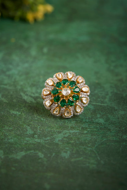 Gold Plated Kundan Polki & Emerald Stone Ring In Sterling Silver