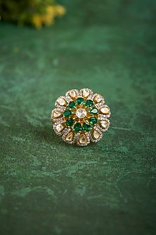 Gold Plated Kundan Polki & Emerald Stone Ring In Sterling Silver