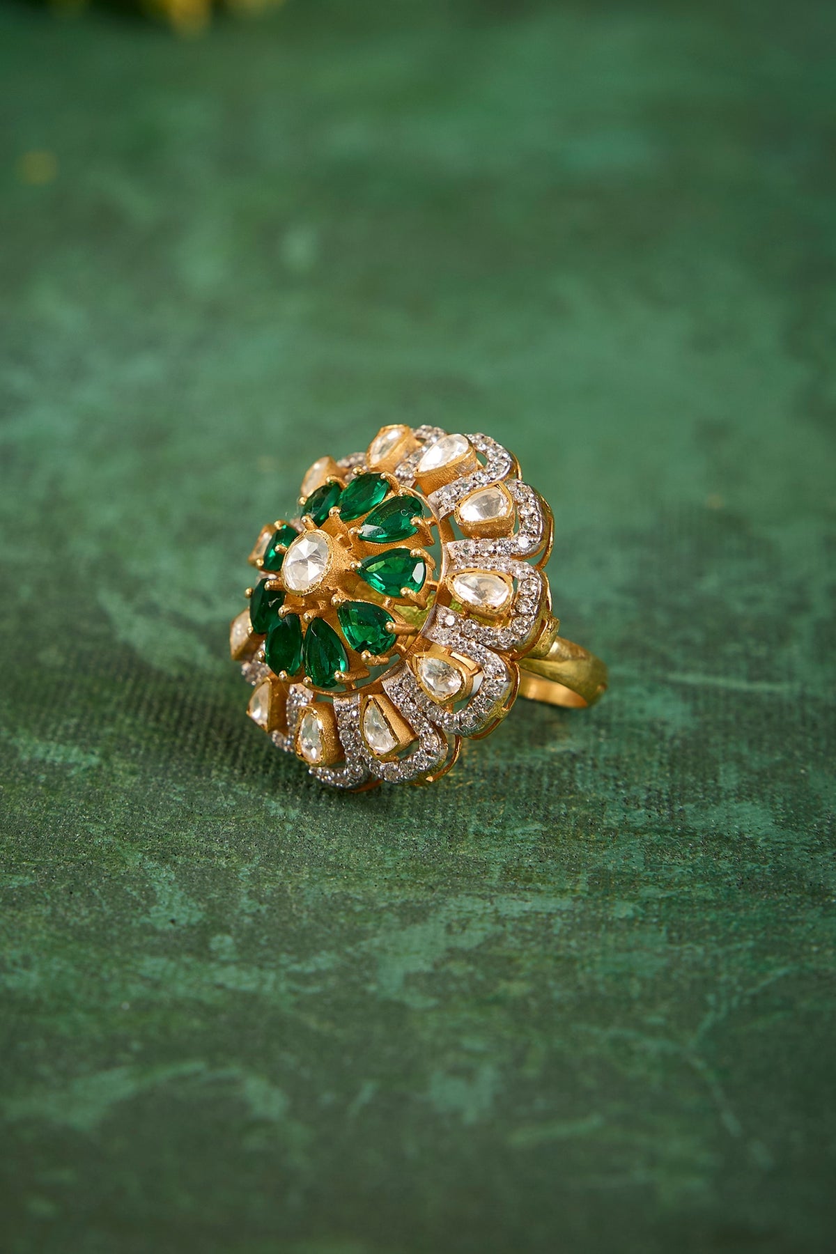 Gold Plated Kundan Polki & Emerald Stone Ring In Sterling Silver