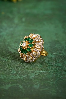 Gold Plated Kundan Polki & Emerald Stone Ring In Sterling Silver