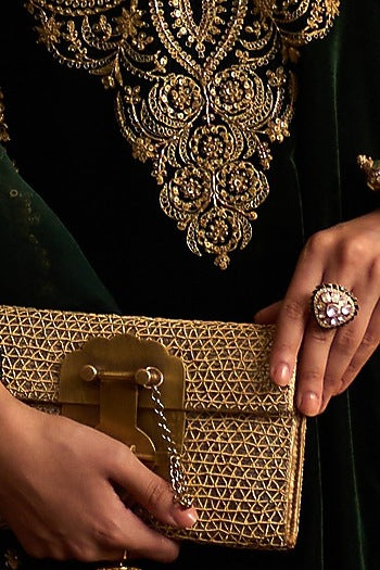 Gold Plated Kundan Polki & Emerald Stone Ring In Sterling Silver