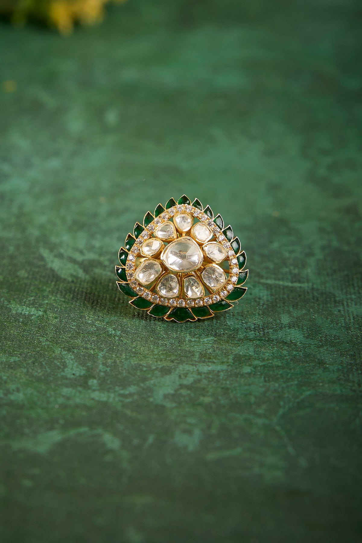 Gold Plated Kundan Polki & Emerald Stone Ring In Sterling Silver