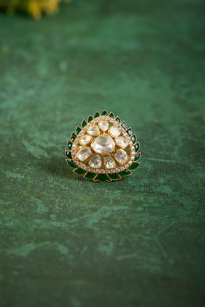 Gold Plated Kundan Polki & Emerald Stone Ring In Sterling Silver