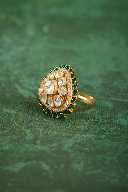 Gold Plated Kundan Polki & Emerald Stone Ring In Sterling Silver