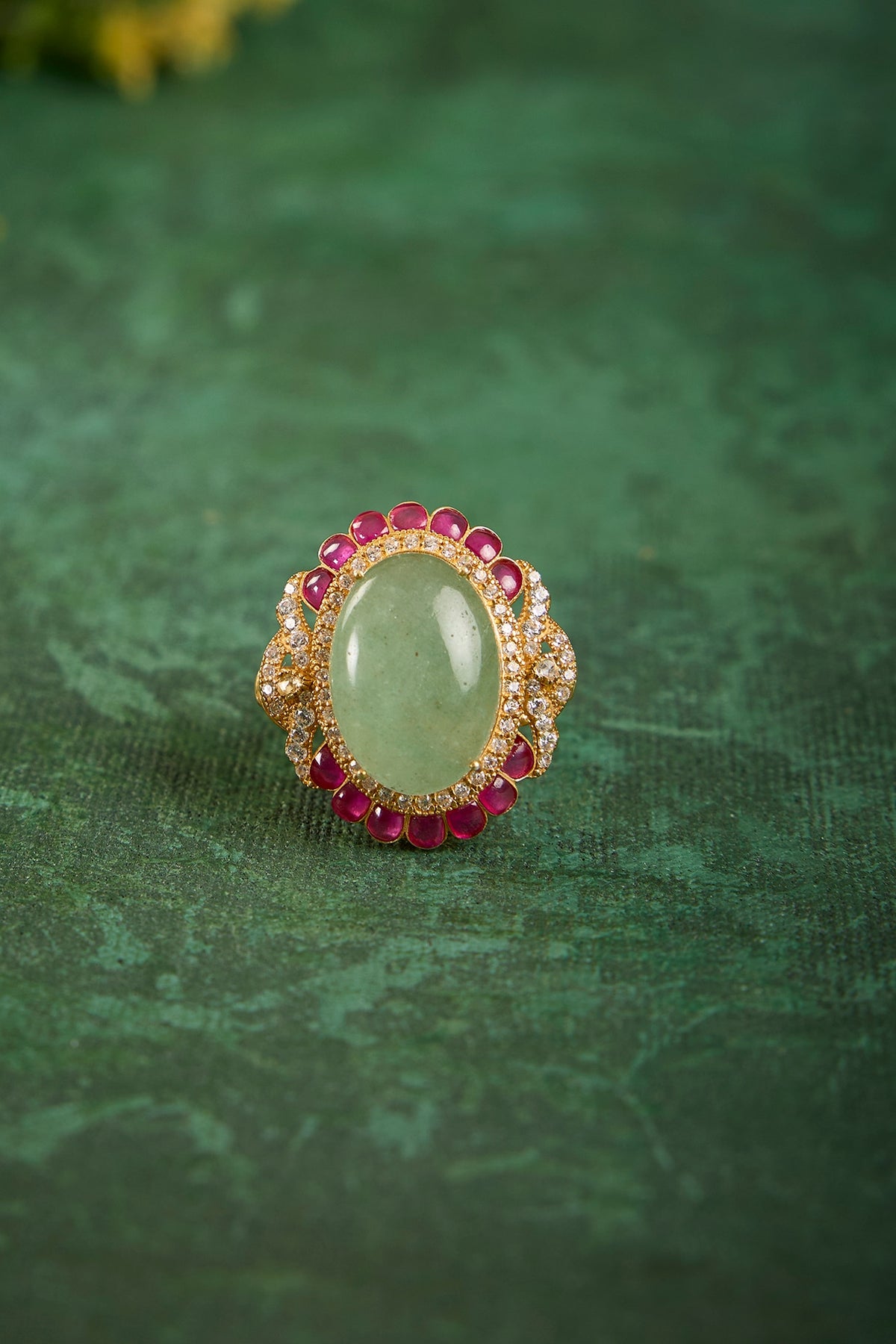 Gold Plated Kundan Polki & Ruby Stone Ring In Sterling Silver