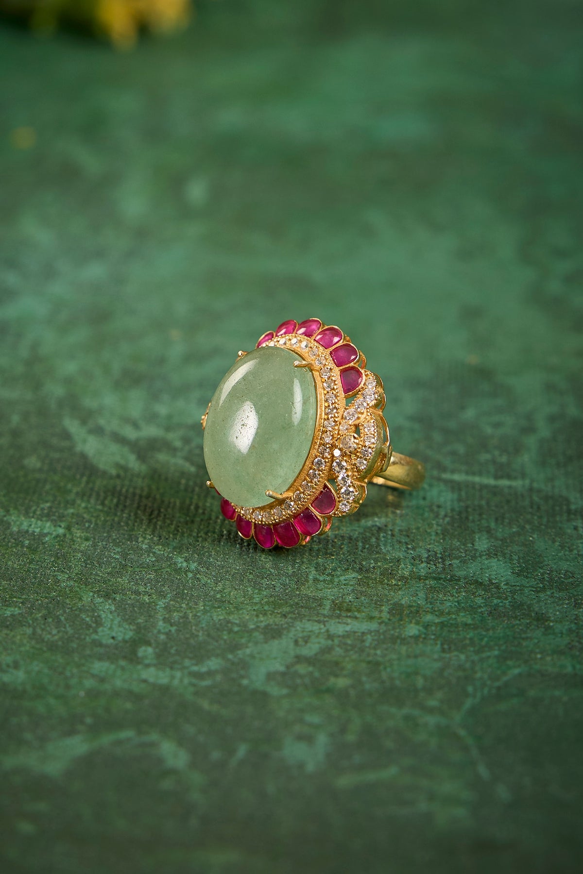 Gold Plated Kundan Polki & Ruby Stone Ring In Sterling Silver