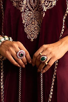 Gold Plated Kundan Polki & Ruby Stone Ring In Sterling Silver