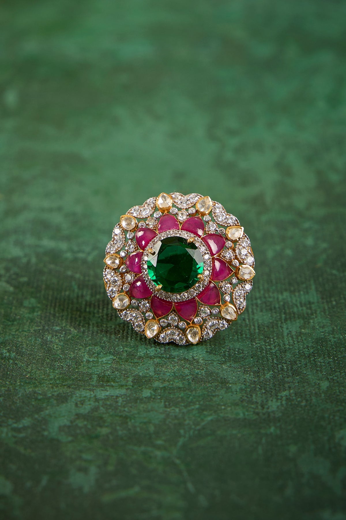 Gold Plated Kundan Polki & Ruby Stone Ring In Sterling Silver